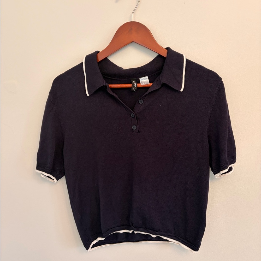 H&M Navy Polo Collared Short Sleeve Top
